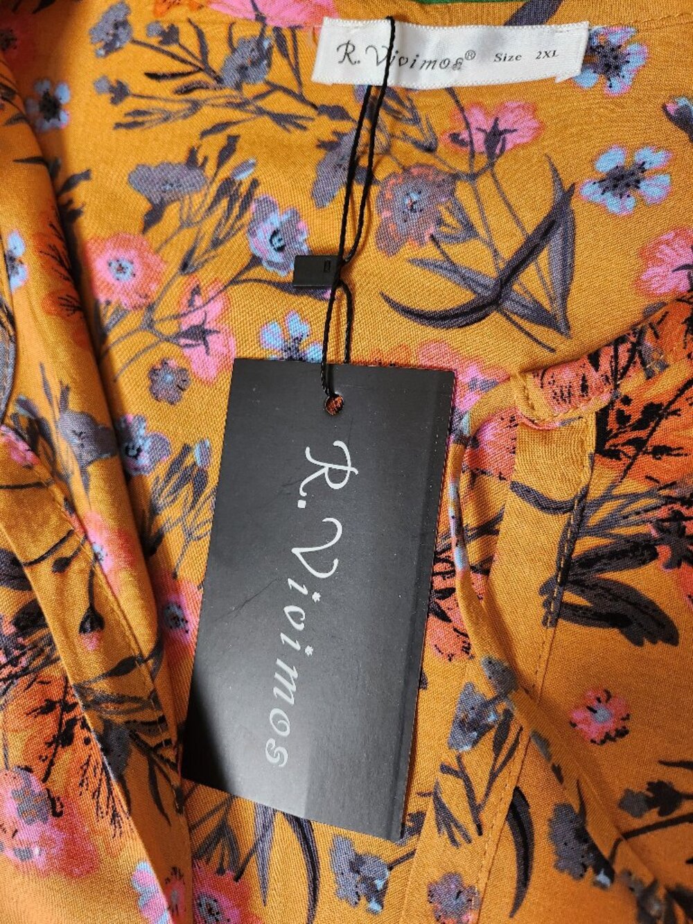 R.Vivimos Mustard Yellow Boho Floral Tassel Maxi Dress Peasant 2XL 70s Vibe NWT - Picture 13 of 13